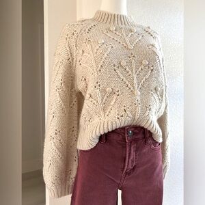 Silverflint Off White Neutral Open Knit Alpaca Wool Mock Neck Sweater Womens XS